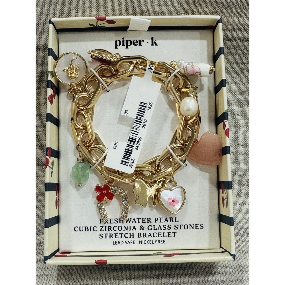 Piper K Gold Tone Charm Stretch Bracelet Freshwater Pearl CZ Glass Stones